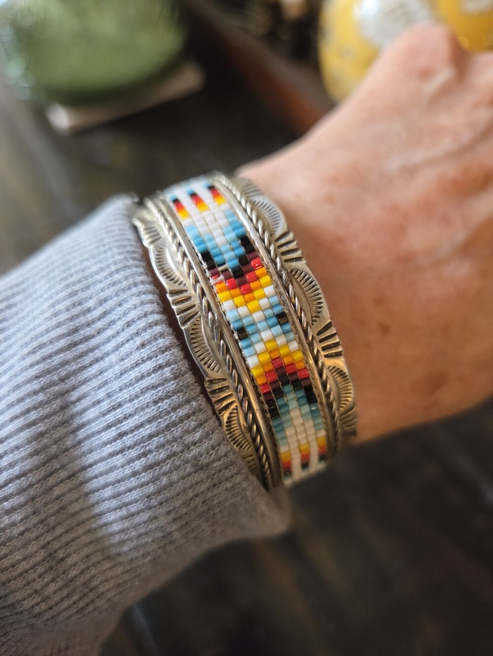 Vintage Seed Beaded Native American Cuff Bracelet